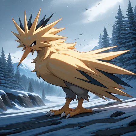 vibrant, detailed, detailed background, amazing_quality, <lora:zapdos-illus-13:1> pzapb, pokemon_(creature), bird, 1other