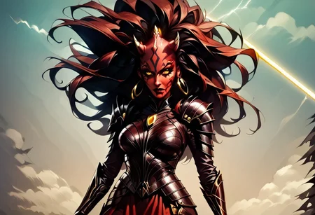 safe_pos, score_9,score_8_up,score_7_up,score_6_up,score_5_up, "Create an action-packed, anime-style poster of a fierce female Zabrak Sith Lord from the Star Wars universe. She has red skin with intricate Sith tattoos, glowing yellow eyes, and long, sharp horns crowning her head. She's in a dynamic pose, leaping through the air with her crimson lightsaber ignited, cutting through sparks and smoke. Her dark, flowing robes and battle armor cling to her toned body, blending seductive allure with lethal power. In the background, a stormy sky filled with lightning highlights an intense battle, with distant starships and explosions framing the chaos. The scene radiates both elegance and brutality, evoking the epic scale of a movie poster, with movie credits and multiple people, movie poster,"
