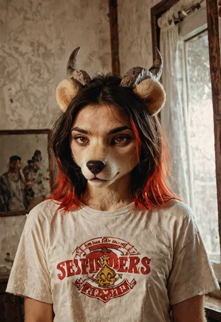 score_9, score_8_up, score_7_up, Vintage photo, 1970s, BREAK, 
Zephira Satanova, (furry:1.4), female, bear ears, short hair, tan fur, black hair, red highlights, red eyes, horns, grey horns, white t-shirt, long hair, soft focus, film grain, retro style, casual vibe, indoor setting, playful mood, casual style, self-assured, vintage sign, cool, casual, fleur-de-lis, diamond, wall decorations, vintage mirror, harsh flash, overexposed highlights, strong shadows