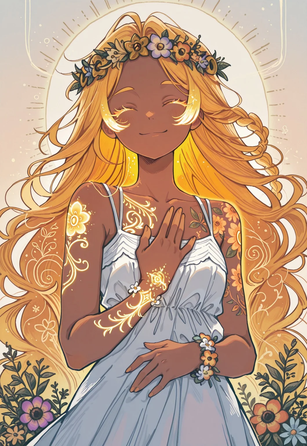 1 girl , very long hair , braided hair , crownbraid ,blond hair , golden hair , glowing hair , white sundress , sleeveless , flower wreath , colorful flower , smile , closed eye , long eyelashes , golden eyelashes , glowing eyelashes , light skin , ((golden tattoo , floral tattoo , flower tattoo)) , flower bracelet , happy , cheerful ,dynamic hair , hand on chest , collarbone , hand on stomach ,
masterpiece ,best quality ,amazing quality, ajnblyst , wasabi_natsume_illu , s0wasow4rt_illu,