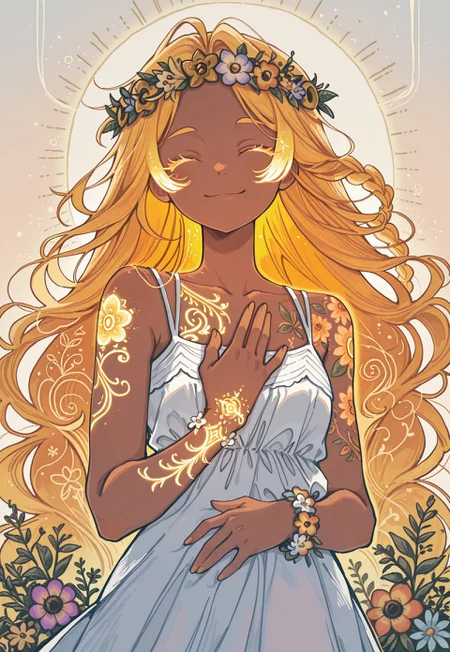 1 girl , very long hair , braided hair , crownbraid ,blond hair , golden hair , glowing hair , white sundress , sleeveless , flower wreath , colorful flower , smile , closed eye , long eyelashes , golden eyelashes , glowing eyelashes , light skin , ((golden tattoo , floral tattoo , flower tattoo)) , flower bracelet , happy , cheerful ,dynamic hair , hand on chest , collarbone , hand on stomach ,
masterpiece ,best quality ,amazing quality, ajnblyst , wasabi_natsume_illu , s0wasow4rt_illu,