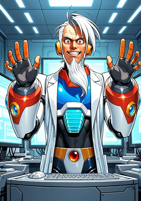 masterpiece,best quality,amazing quality, GENHERAC, FMIXFT, radiant details, 1boy, male focus, old, old man, solo, white hair, sideswept hair, ((sideswept beard)), brown eyes, muscular, android, body armor, mega man x, white lab coat, evil grin, wide eyed, tsurime, hands up, open hands, looking at viewer, indoors, command center, monitors, computers, from the side