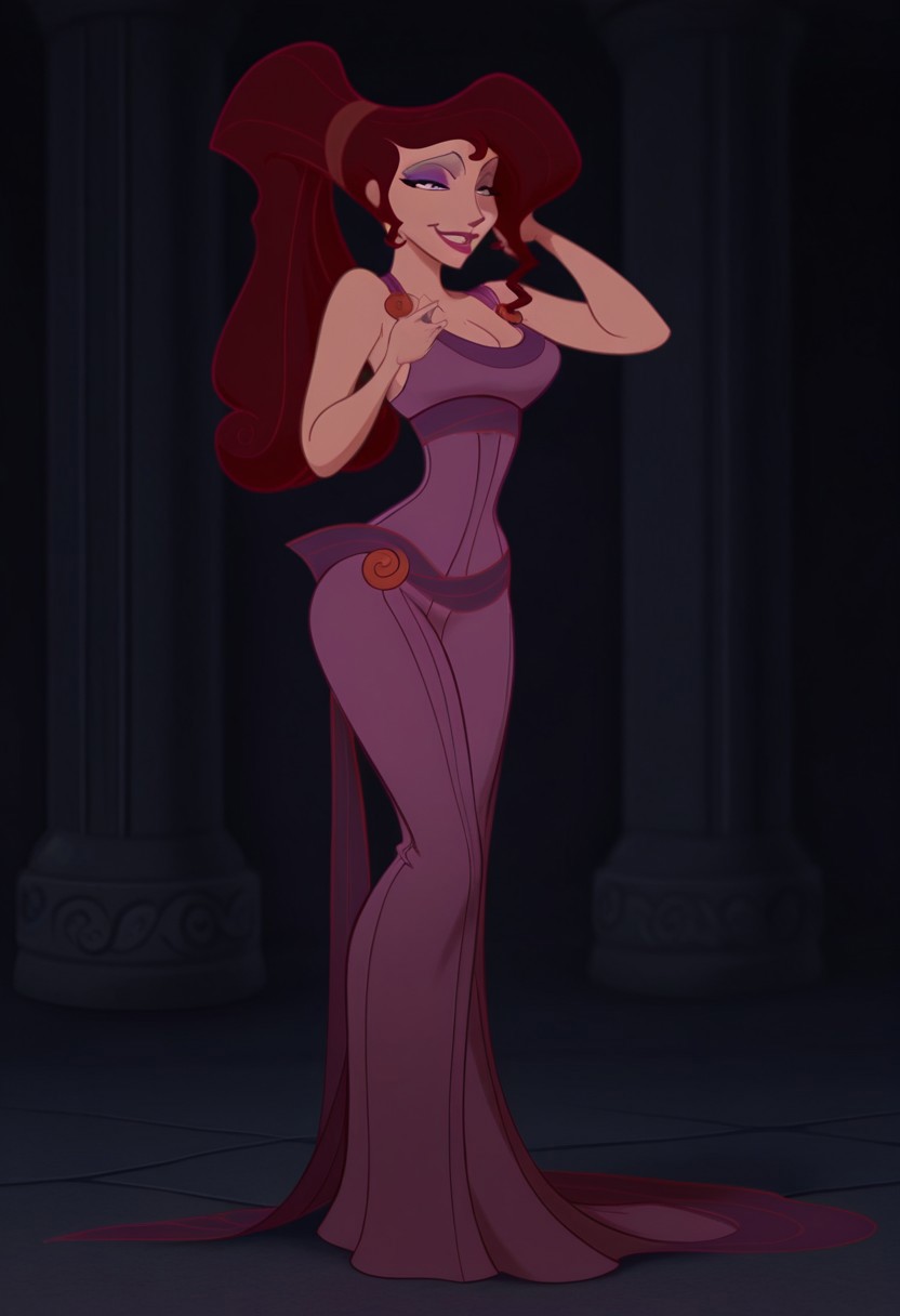 1girl, masterpiece, best quality, amazing quality, absurdres, <lora:Megara__Illustrious:1> m3g4r4, megara (hercules disney), long hair, tied hair, brown hair, purple eyes, purple Greek dress, cleavage, sexy makeup, lipstick, smiling, full body, flirtatious, seductive, alluring,