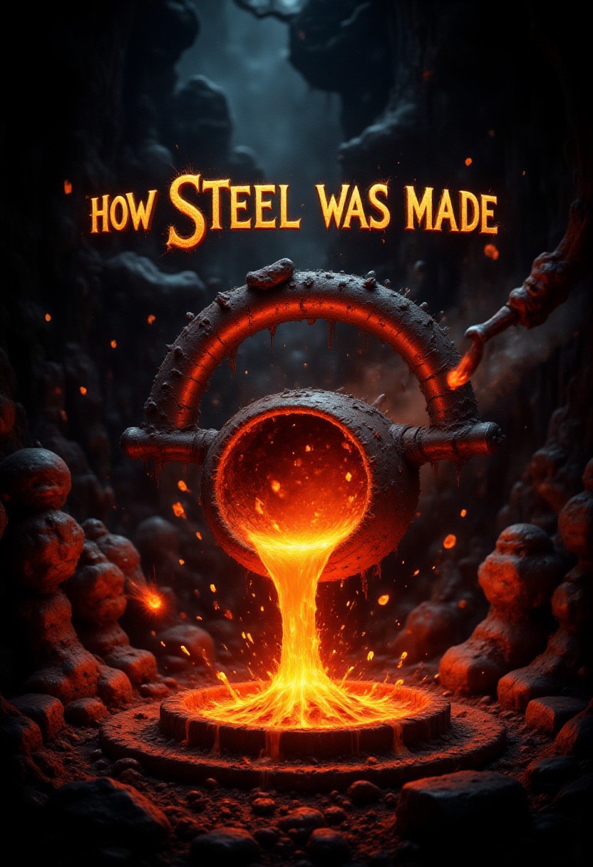 An iron forge with molten steel pouring out of a crucible. Plumes of smoke and sparks flying into the air. Bold Book Cover title saying "How Steel was made"