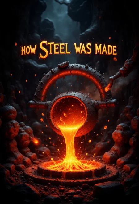 An iron forge with molten steel pouring out of a crucible. Plumes of smoke and sparks flying into the air. Bold Book Cover title saying "How Steel was made"