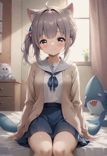 gawr gura, 1girl, shark tail, gawr gura, cat ears, side ponytail, upper body, smile, blush, closed mouth, score_9, score_8_up, score_7_up, source_anime, masterpiece, best quality, highly detailed background, cinematic lighting, detailed eyes, perfect face,, lazy, teenager room, messy, bedroom, bed sheet, closet, cardigan, school_uniform, mole_under_eye, black_thighhigh