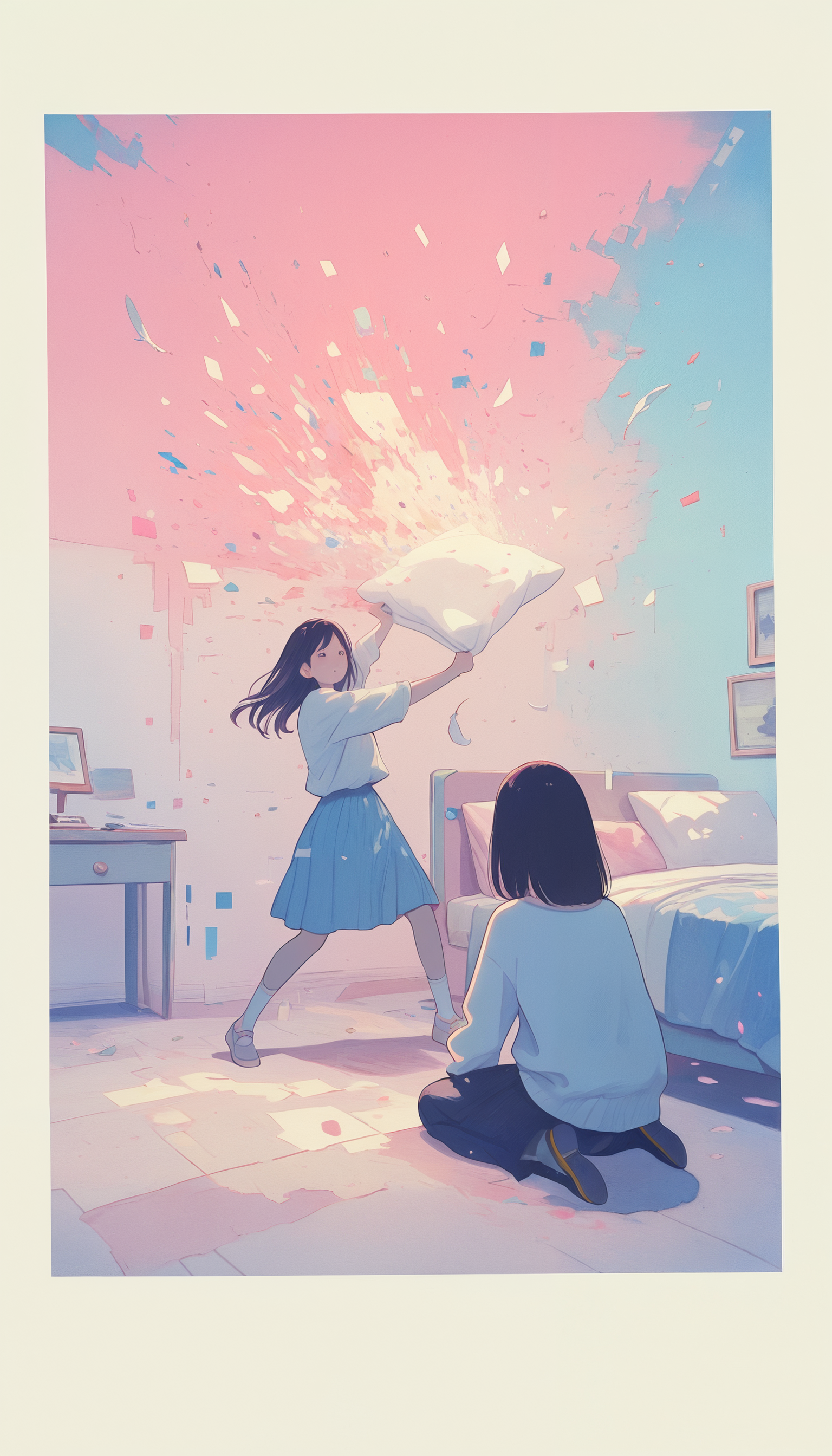 2women, adult, bedroom, pillow fight, action, feathers, 0__11Xx_illu, S4bit4mago_illu, surreal, glitch BREAK masterpiece, very aesthetic, absurdres, drop shadow, real life, casual, abstract, watercolor, traditional media, scan, blending