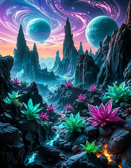 A breathtaking, high-resolution photograph of an alien planet with a surreal and otherworldly landscape. The sky is filled with two massive moons, casting an eerie glow over the terrain. Jagged rock formations, covered in bioluminescent moss, stretch across the horizon, glowing in shades of blue and purple. Strange, twisted plants with translucent leaves and pulsating veins grow from the cracked, iridescent soil. In the distance, towering crystalline mountains shimmer under the light of a distant red sun, their peaks enveloped in a misty, ethereal haze. The air is thick with floating luminescent spores, drifting like tiny fireflies. Rivers of liquid metal carve through the landscape, reflecting the vibrant alien sky. The atmosphere is a mix of neon blues, purples, and greens, creating a mesmerizing and futuristic scene, as if taken from the surface of a newly discovered exoplanet.
<lora:SDXLFaeTastic2400:0.4> <lora:extremely_detailed:0.4> extremely detailed,<lora:alien_pl4n3t:1>,alien pl4n3t