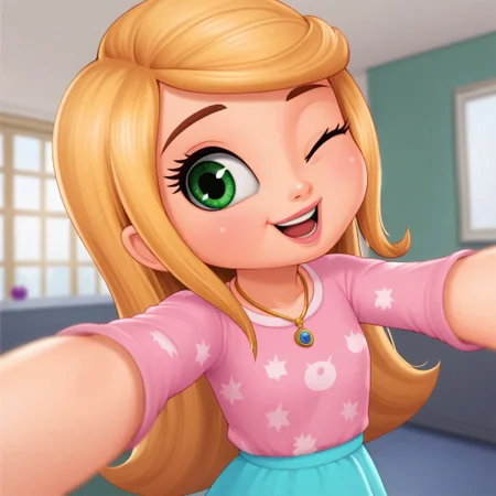 score_9, score_8, score_7, BREAK, solo, female child. leah_sas, blonde hair, long hair, green eyes, necklace, skirt, cute, one eye closed, selfie