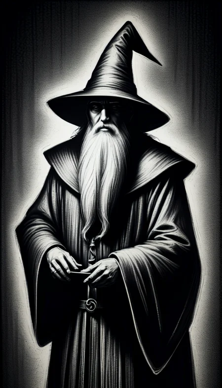 monochrome greyscale noise grainy dirty charcoal drawing of <lora:CharcoalDarkStyleXL:1>CharcoalDarkStyle wizard dark black background black vignette