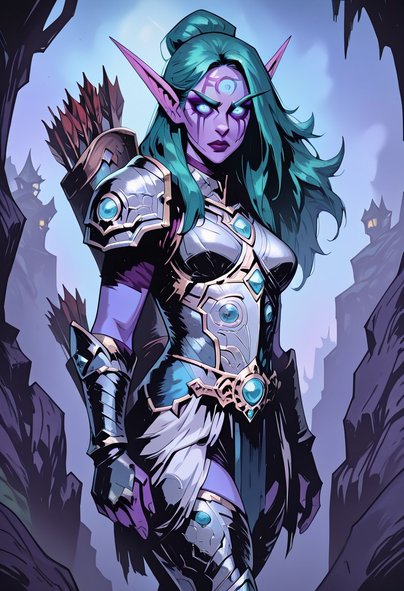 masterpiece, best quality, newest, absurdres, highres, 
TTCSV1.0,
1girl, NEPACK-Tyr-V1.1, night elf, green hair, glowing eyes, elf, pointy ears, long hair, colored skin, purple skin, armor, quiver, facial mark, colored sclera, blue eyes,