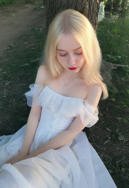 RLSM, Realistic, Realism, Hyper Realistic, RSGRL, Russian female, Cute face, amateur, candid, , 1girl, solo, blonde hair, dress, closed eyes, realistic, long hair, sitting, white dress, necklace, jewelry, bare shoulders, outdoors, tree, nature, eyelashes, lipstick, makeup, 25-year-old