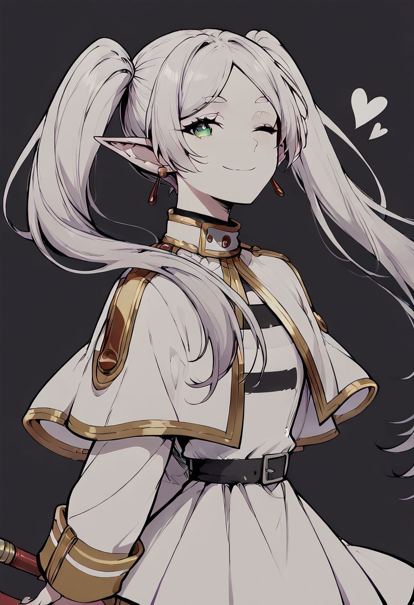 score_9, score_8_up, score_7_up, 1girl, solo, nereirfpnxl, frieren, pointy ears, green eyes, twintails, staff, long hair, earrings, jewelry, capelet, elf ears, looking at viewer, dress, simple background, white capelet, long sleeves, white dress, smiling, parted bangs, white hair, half body, heart, one eye closed, winking, from side, hands behind back, dark background, lineart, flat color, upper body,