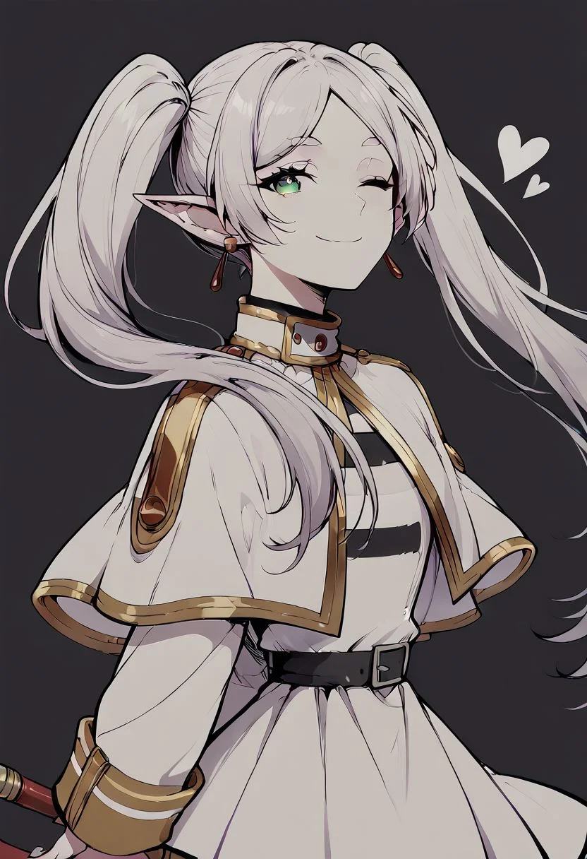 score_9, score_8_up, score_7_up, 1girl, solo, nereirfpnxl, frieren, pointy ears, green eyes, twintails, staff, long hair, earrings, jewelry, capelet, elf ears, looking at viewer, dress, simple background, white capelet, long sleeves, white dress, smiling, parted bangs, white hair, half body, heart, one eye closed, winking, from side, hands behind back, dark background, lineart, flat color, upper body,