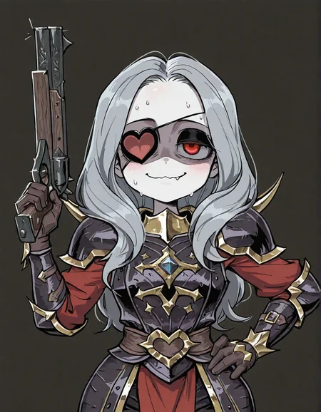 (2D,masterpiece,best quality,amazing quality, high resolution,looking at viewer,ultra-detailed,1 girl,solo,source_anime,cute,curvy,lovely,straight-on,from front,Simple black background),Luthor Harkon,pale skin,red eyes,(heart eyepatch:1.2),gray hair,armor,holding gun,gloves, forehead,narrowed eyes,Shortstack,one hand on hip,anya's heh face \(meme\):0.5,sweat ,dead eyes, shaded face, wavy mouth, blush, fang,black eyeshadow,long hair,<lora:Luthor_Harkon:0.9>, <lora:ValbunStyle-IL:0.8>
