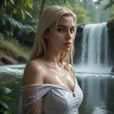 score_9, score_8_up, score_7_up,1girl, Emma frost, sexy, upper body, back, looking at viewer, self-hugging, wet sexy dress, parted lips, in water, small water fountain, in the middle of the forest, fog, morning,