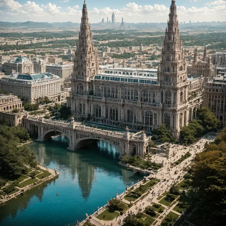 score_8-up, score_7_up, landscape, majestic building, perfect architecture, straight lines, detailed sculptures, original point of view, horizontal lines, perfect contrasts, detailed dark shadows, lossless details highlights, innovative composition <lora:Majestic-Fantasy-Architecture_ponyXL_LOREVER:0.9> mafarch, scenery, outdoors, building, geometric shapes, bold colors, luxurious, elegant, decorative, symmetrical, ornate, detailed trees, dramatic sky, water