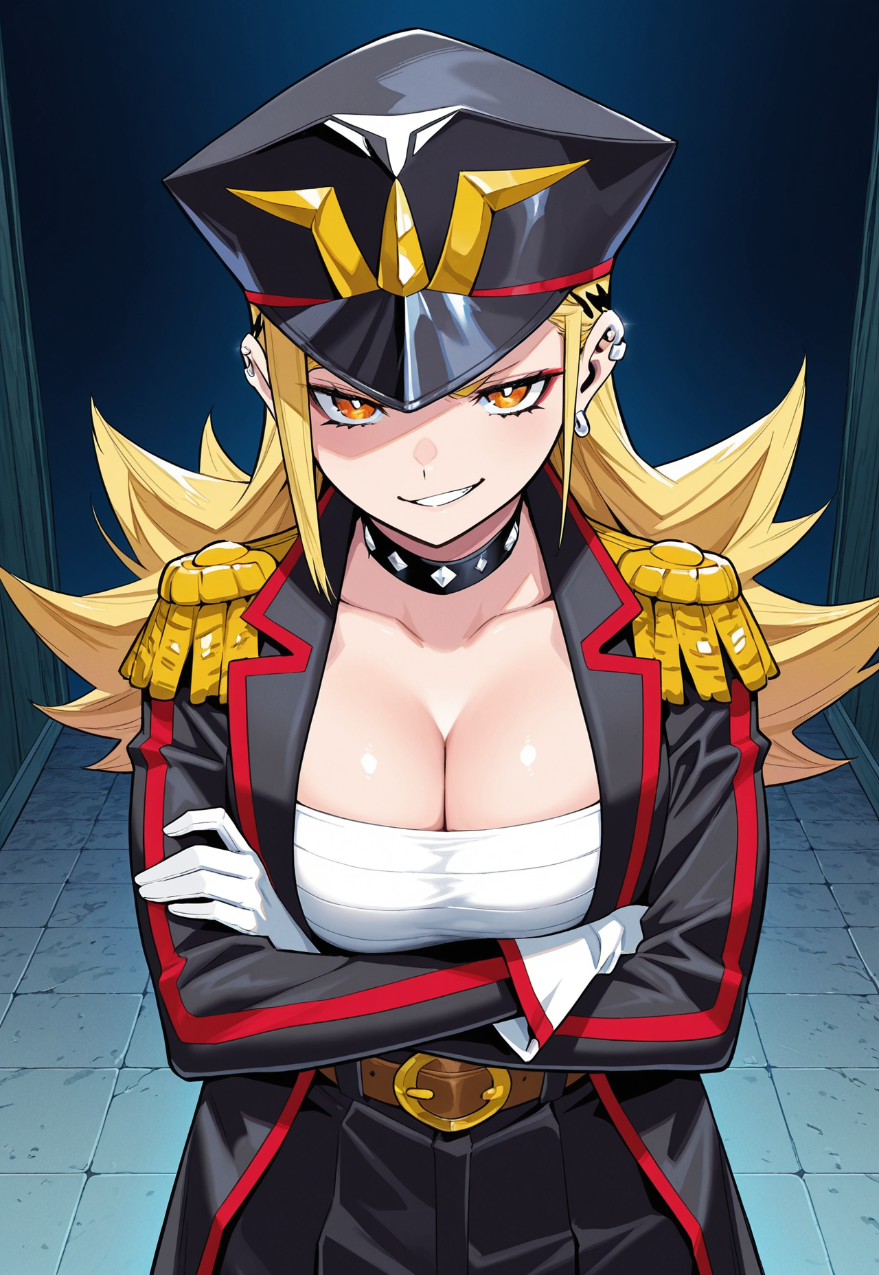 masterpiece, best quality, amazing quality, 1girl, solo, detailed beautiful eyes, white pupils, mira kamiunten, long blonde hair with spiky ends, 3 black bolt-shaped streaks in hair on either side of head, side bangs, sharp orange eyes, sharp black eyeliner, small metal rings on both earlobes, small metal stud on upper left ear, small thicker ring on upper right ear, large breasts, wide hips, manga, full colour, long open military-style jacket with gold buttons and red trim, gold epaulets, white bandaged top with cleavage, black peaked officer cap with gold detailing, brown belt with gold buckle, white gloves with red trim, black studded leather choker, black baggy trousers, shin height black boots with red trim and gold buckle, standing pose, arms crossed, smug expression










