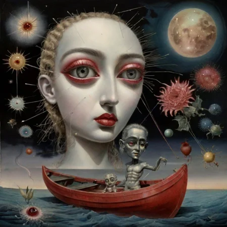 watercolor of a summerscape sunset,with   Pepita  a red dada and a dede hat, holding a large dada that shields  fairytale landscape, hyperrealism, micro-details, surreal, detailing, transparent watercolor+ink, pastel shades, clear outline, stardust, incredible beautiful landscape, dark botanical,dark fantasy,multicolor,multilayer, 3d, threads, fibers, engraving, color illustration, star map, moon, volumetric, unusual fluffy flowers"couple with a  man, a bright white face, and women dark black face with red eyes looking straight at you in a boat More surrealism and madness.much more surrealism and crazy designs. With gold and cardinal red surreal Salvador Dali clouds coming out of her head.more surrealism and bizarre designs with bright vibrant colours.