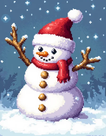 A pixel art illustration of a snowman<lora:General Flux\pixel-art-christmas.safetensors:0.9:1.0>