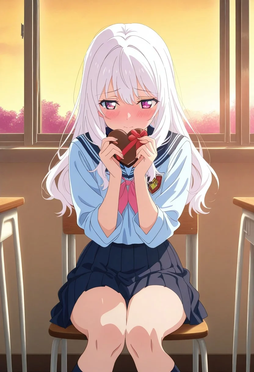 anime coloring,anime screencap
,masterpiece, best quality, newest, absurdres, CG, anime
,dynamic angle,from front view
, classroom,evening,back window,back light
valentines, woman, heart, ultra high res, beautiful, visually stunning,
,white hair,long hair,young,1girl,solo,cute girl,
,holding chocolate,Heart-shaped chocolate,valentines
,Presents for you
,sitting,knees together
,blush,embarrassed
,school uniform