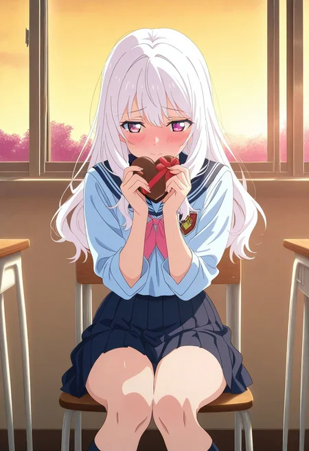 anime coloring,anime screencap
,masterpiece, best quality, newest, absurdres, CG, anime
,dynamic angle,from front view
, classroom,evening,back window,back light
valentines, woman, heart, ultra high res, beautiful, visually stunning,
,white hair,long hair,young,1girl,solo,cute girl,
,holding chocolate,Heart-shaped chocolate,valentines
,Presents for you
,sitting,knees together
,blush,embarrassed
,school uniform