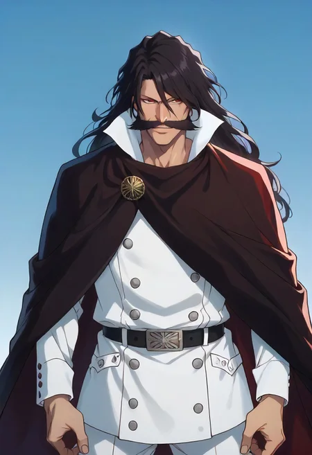 score_9, score_8_up, score_7_up, YHWHSDXL11, black hair, long hair, red eyes,double pupils, mustache, overcoat, white pants, black cape, belt, upper body,  <lora:YHWH-000009:1.0>