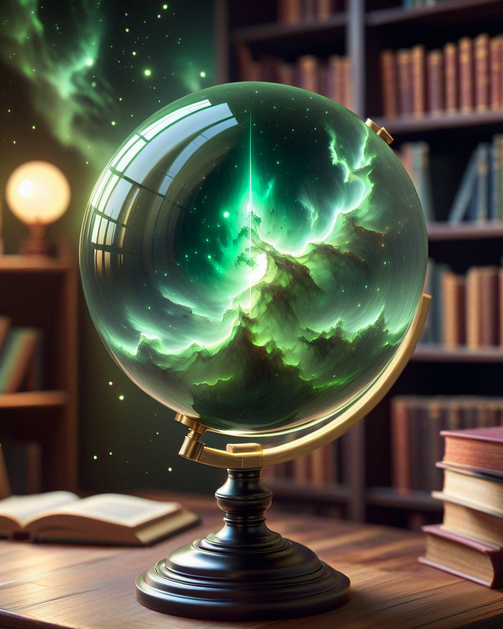(Masterpiece, Best Quality, Highres:1.2),a glass globe, with a green emission nebula inside, on top of a table, in the background of a room with bookshelves, high fidelity, clarity, realistic, 4k, masterpiece
