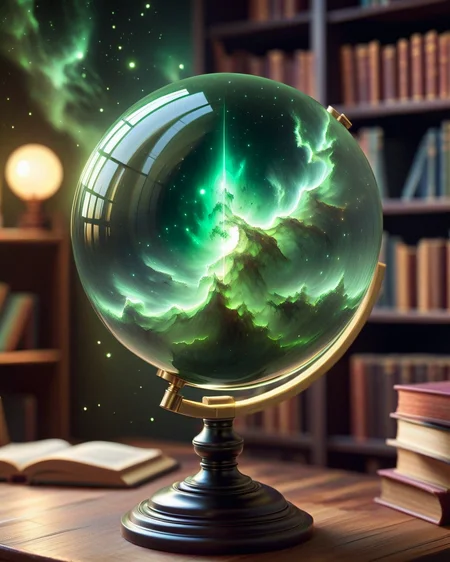 (Masterpiece, Best Quality, Highres:1.2),a glass globe, with a green emission nebula inside, on top of a table, in the background of a room with bookshelves, high fidelity, clarity, realistic, 4k, masterpiece
