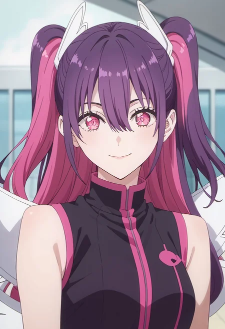 score_9, score_8_up, score_7_up, source_anime, tachibana mikari, long hair, pink hair, purple hair, multicolored hair, pink eyes, two-tone hair, 1girl, solo, hair between eyes, smile, looking at viewer, sleeveless, two side up, upper body, closed mouth, jacket, hair ornament, bare shoulders