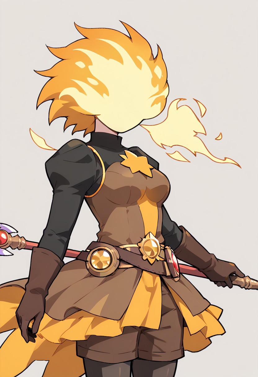 score_9, score_8_up, score_7_up,
lord_of_frenzy, fire head,
holding magic spear,
novakin, faceless, no eyes, no mouth, no nose, no facial features, short fiery yellow orange hair, body made of black plasma,
magical girl outfit, steampunk dress, boots, brown shorts, black tights, medium breasts, belt,
simple background, grey background,