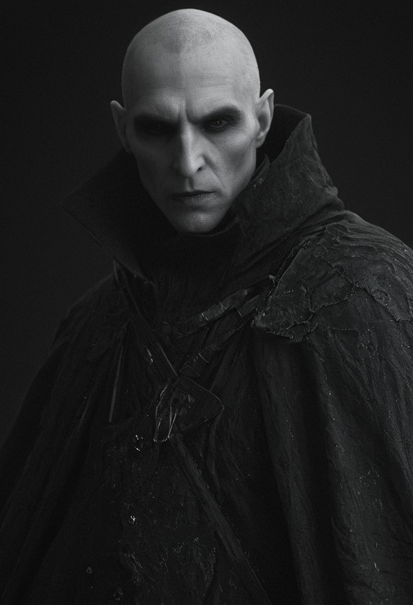 Lenticular, DARK, Low Angle View,. a hkstyle woman with vampire lord nosferatu and a outworn detailed old high collar cyberpunk Samurai jacket, Large linen cape ,surrounded by a detailed monochrome spacescape with translucent dark-amber Highlights, hyper-detailed, sharp, high resolution, high quality, 32K, Ultra realistic, HD, super detailed, line art, abstract style