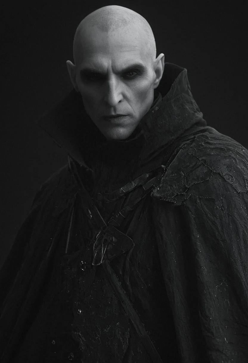 Lenticular, DARK, Low Angle View,. a hkstyle woman with vampire lord nosferatu and a outworn detailed old high collar cyberpunk Samurai jacket, Large linen cape ,surrounded by a detailed monochrome spacescape with translucent dark-amber Highlights, hyper-detailed, sharp, high resolution, high quality, 32K, Ultra realistic, HD, super detailed, line art, abstract style