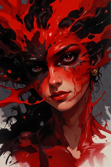 a potrait colseup of a humble beauty,red and black, smoke,haze, melancholy, sad, deep in thoughts, messy, abstract, nebula<lora:flux_manga_ske:0.2><lora:Vintage comic book:0.5><lora:RetroAnimeFluxV1:0.3><lora:Greg_Capullo_style:0.3>