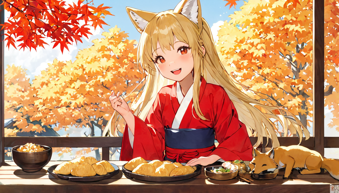 masterpiece, best quality, ultra-detailed, illustration,
1girl, blonde hair, long hair, fox ears, miko, hakama, red hakama, miko_dress, smile, closed mouth, happy, pupils sparkling,
oinarisan, food, still life, food focus, realistic, plate, leaf, table,
tatami, shouji, window_shade, blue sky, tree, wide shot, autumn leaves, 
<lora:oinarisan_SDXL_V1:1>