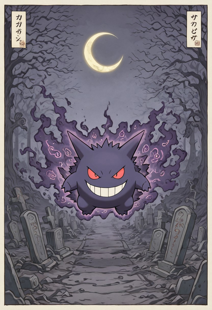 pokemon (creature), gengar, style, thick lines, outline, no humans, ghost type, eerie atmosphere, glowing red eyes, wide sinister grin, dark fog, abandoned graveyard, haunted night, crescent moon, floating pose, shadowy aura, twisted trees, spectral mist, gothic tone, whispering spirits, glowing runes on old tombstones, intense stare, solo, horror-themed pokemon scene