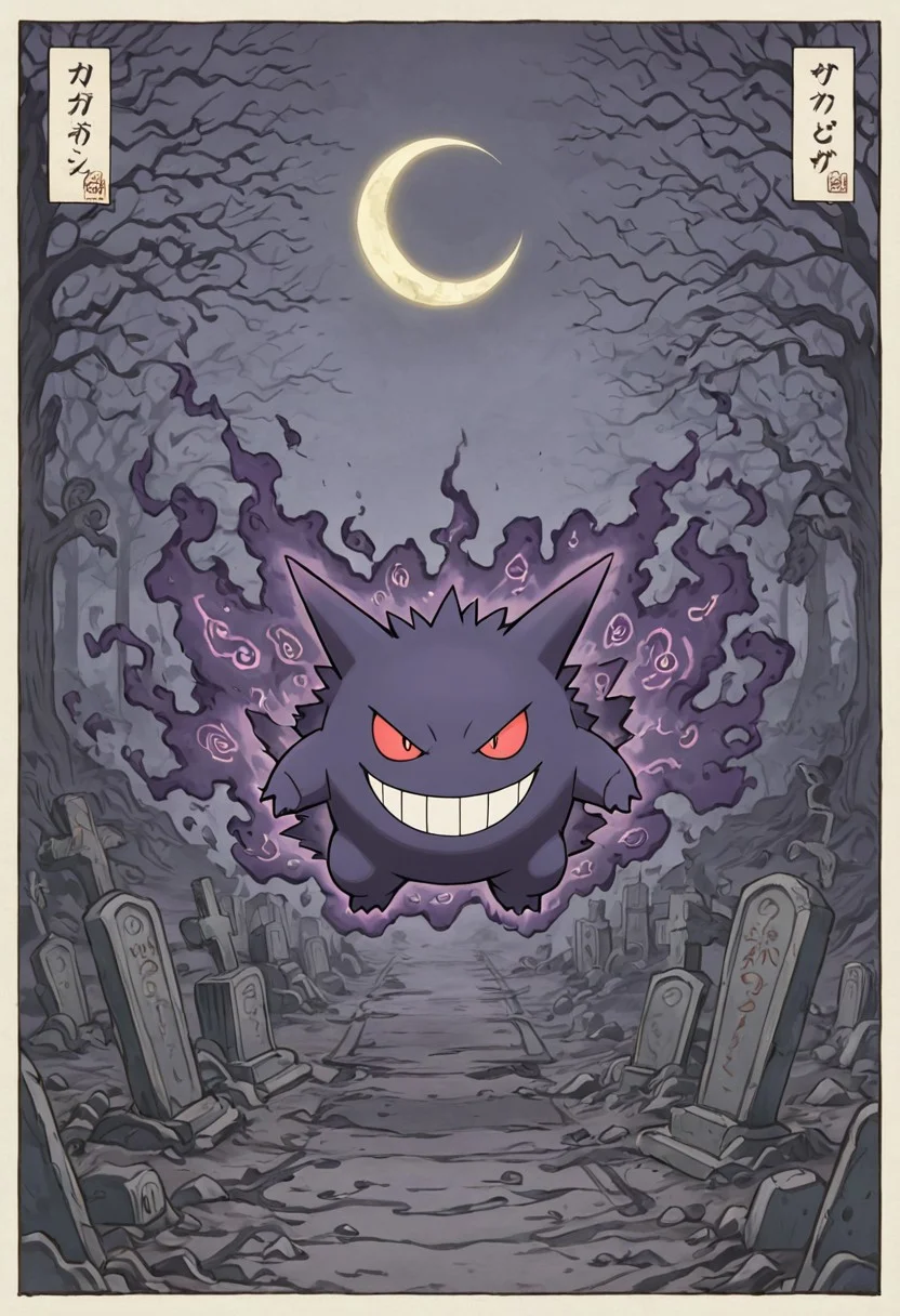 pokemon (creature), gengar, style, thick lines, outline, no humans, ghost type, eerie atmosphere, glowing red eyes, wide sinister grin, dark fog, abandoned graveyard, haunted night, crescent moon, floating pose, shadowy aura, twisted trees, spectral mist, gothic tone, whispering spirits, glowing runes on old tombstones, intense stare, solo, horror-themed pokemon scene
