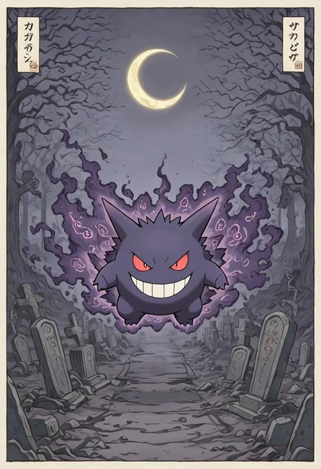 pokemon (creature), gengar, style, thick lines, outline, no humans, ghost type, eerie atmosphere, glowing red eyes, wide sinister grin, dark fog, abandoned graveyard, haunted night, crescent moon, floating pose, shadowy aura, twisted trees, spectral mist, gothic tone, whispering spirits, glowing runes on old tombstones, intense stare, solo, horror-themed pokemon scene