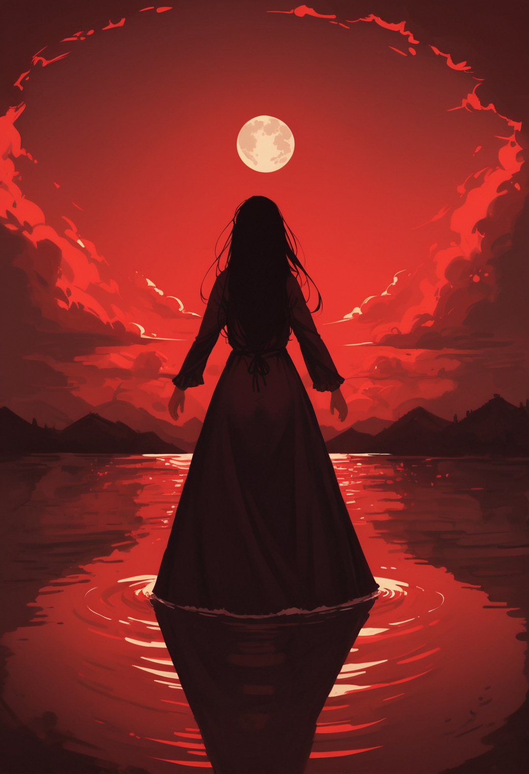 , 1girl, solo, red theme, sky,  cloud, red sky, long hair, water, silhouette, dress, ripples, standing, cloudy sky, moon, outdoors, from behind, horizon, outstretched arms, reflection, night, long dress, ocean,, zPDXL3, detailxl,  Score_PnyReal, (lineless:1.5)