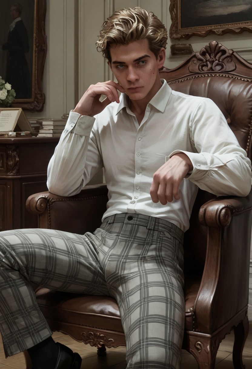 score_9, score_8_up, score_7_up, illustration,ponygaunt, blonde hair, short hair, blind eyes, mole under eye, messy hair, pectorals, busy undressing, white shirt, plaid trousers, candid, perfect face, pubic hair, slim, full body, black socks, victorian boudoir, sitting on a chair