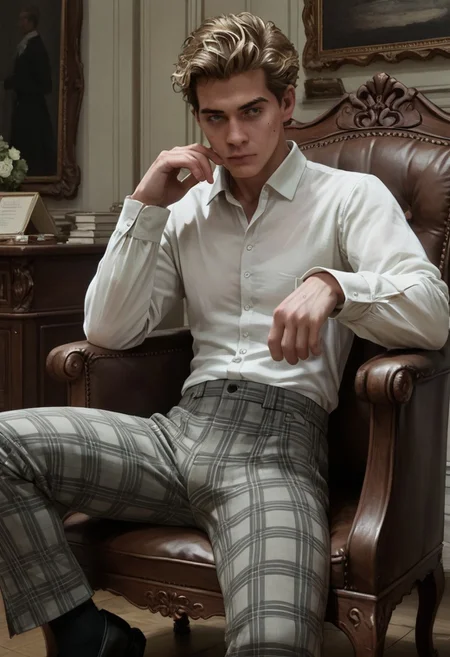 score_9, score_8_up, score_7_up, illustration,ponygaunt, blonde hair, short hair, blind eyes, mole under eye, messy hair, pectorals, busy undressing, white shirt, plaid trousers, candid, perfect face, pubic hair, slim, full body, black socks, victorian boudoir, sitting on a chair