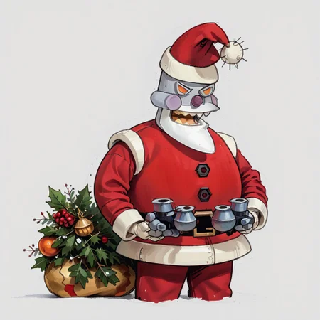 score_9, score_8_up, score_7_up, score_6_up, rating_safe,
r0b0t_s4nta_c1aus, solo, santa hat, santa_costume, pants,  christmas headwear, christmas clothing, solo, laughing manically, handing bombs out disguised as presents,
simple background,