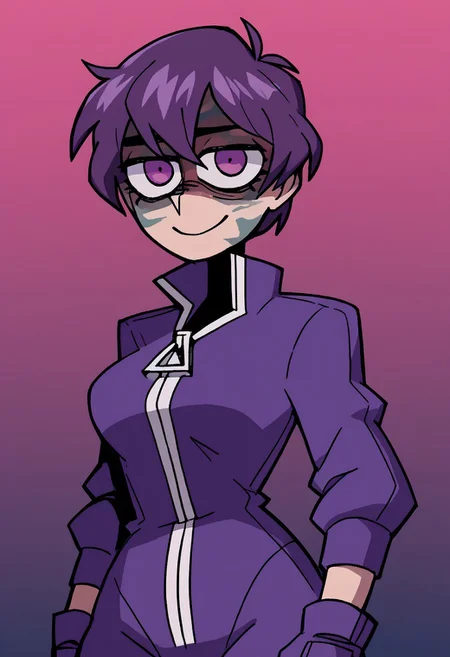 score_9, score_8_up, score_7_up, vanitaker, UsterkaAwaria, purple theme, short hair, dirty face, oil stains, 1girl, solo, smile, short hair, gradient, gradient background, looking at viewer, medium breasts, purple eyes, saturated colors, gloves, toned body, (shaded face), jacket, jumpsuit,