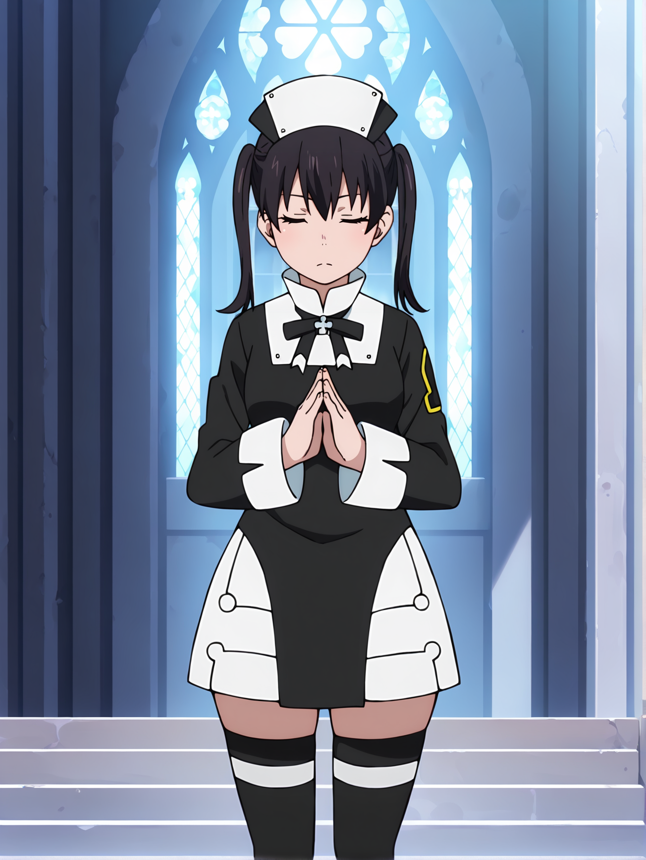 <lora:Tamaki:0.8>, tamaki, 1girl, solo, black hair twin tails, black headwear, black nun uniform, black ribbon, unit 1 yellow insignia, short white skirt, black thighhighs, neutral face, closed eyes, closed mouth, praying, standing, outdoors, cathedral, frontal view, full body, cropped legs