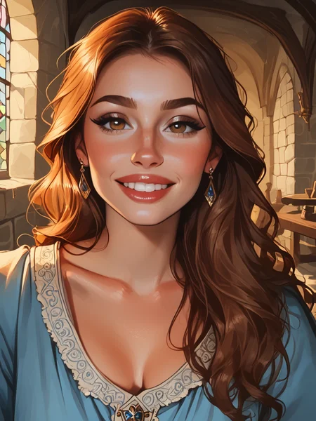 Score_9, score_8_up, score_7_up, realistic, bignoselady, medieval era, mature woman, <lora:Big_Nose_Ladies:.88>, bignoselady, large nose, aquiline, (nose bump), 1girl, solo, jewelry, tiny breasts, cleavage, sagging breasts, drooping breasts,, earrings, brown hair, fringe bangs, very long hair, loose tunic, lowcut tunic, parted lips, bow shaped lips, cupids bow, perfect teeth, moist lips, moist mouth, dewey, glow, backgrond is medieval castle interior
