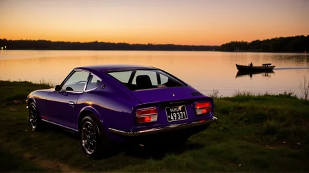 Parked on the grassy banks of a wide river at dusk, a 1972 Nissan Datsun 240Z Fairlady in glossy royal purple reflects the golden and orange hues of the setting sun. The carâs rear hatch and glowing round tail lights mirror the calm waterâs surface. In the distance, a wooden rowboat drifts lazily, and the faint sound of crickets begins to fill the cool evening air, enhancing the peaceful ambiance of the scene
<lora:ral-nssndtsn_000001000:1>