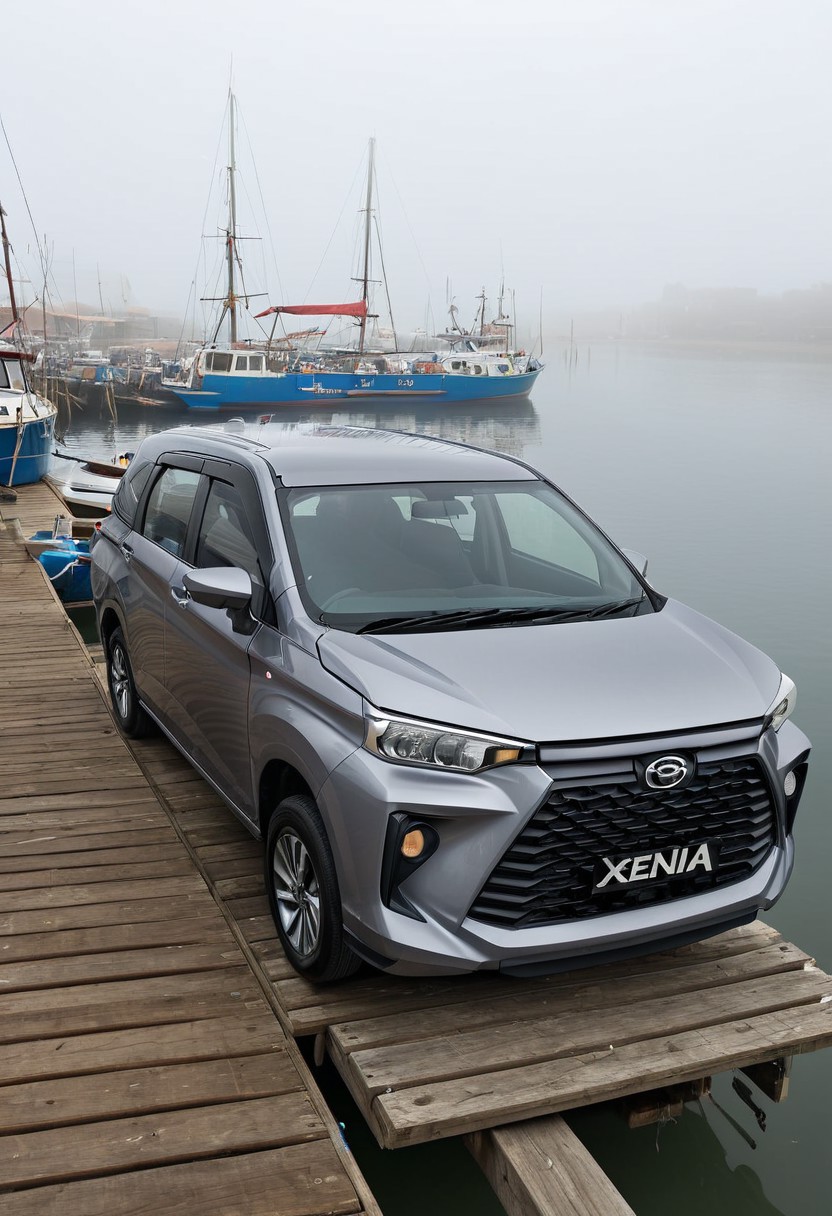 high resolution, best quality, Car, Daihatsu Xenia, Urban dock, fishing boats, morning mist,