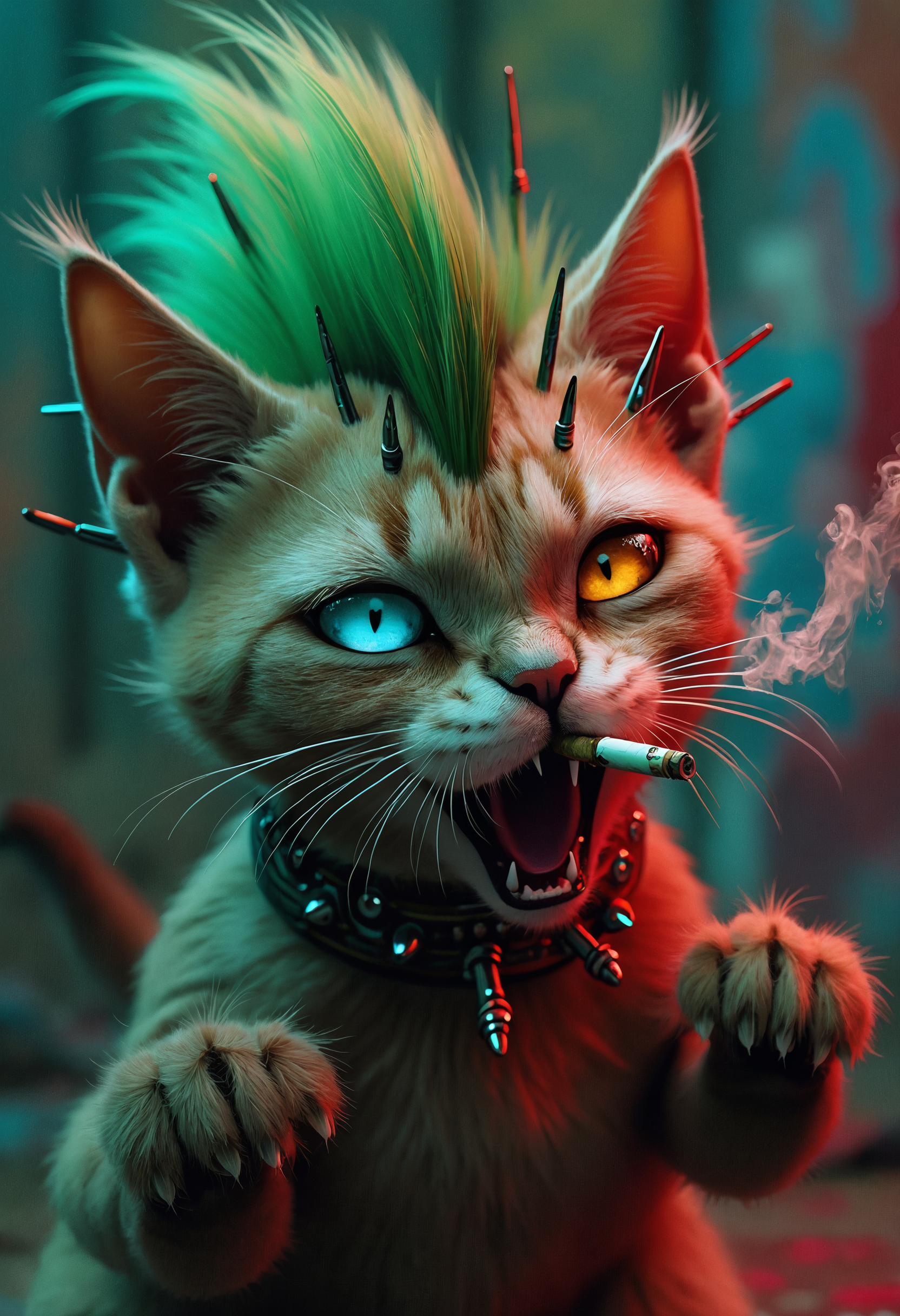 Extreme close-up of a rebellious punk rock cat, snarling with attitude. Shaggy paws.  Vibrant green mohawk standing tall, each spike meticulously detailed. Pierced ears adorned with multiple silver rings. Intense, mismatched eyes - one electric blue, one fiery amber. Whiskers adorned with tiny safety pins. Furry paws, furry toes. Worn leather collar studded with chrome spikes. Background hints at a graffiti-covered alley. Hyper-realistic fur texture, capturing individual strands and subtle color variations. Dramatic side lighting accentuates the mohawk and facial features.