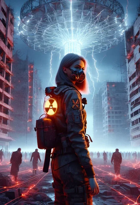 4D render, Chernobyl disaster, nuclear , Apocalypse,girl, detailed face, portrait, glowing x, minimalist outfit, anti social , ,cyberpunkartstyle,ruined ancient city,Professional styling, intricate details,8k post production, faithful, Religious denomination,