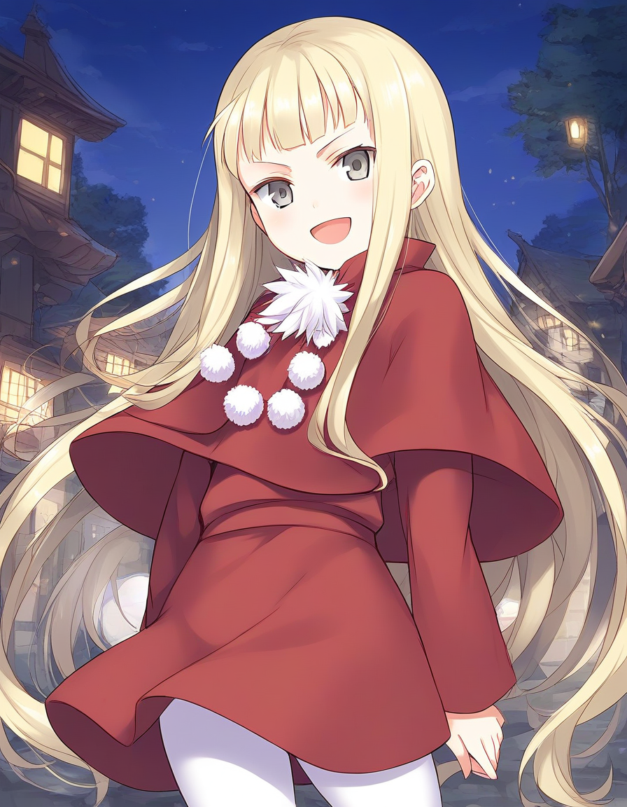 score_9, score_8_up, score_7_up, source_anime, rating_explicit, BREAK  <lora:Belfraw_Martini_Ver2.0_XL:1> Belfraw_Martini, 1girl, solo, very long hair, blonde hair, grey eyes,  bangs, short stack, 
1girl, solo,  open mouth,  pom pom (clothes), capelet, sky, :d,  long sleeves, white pantyhose, red skirt,
outdoor, town, tree, night,
serious, smile,
looking at viewer, 
cowboy_Shot,